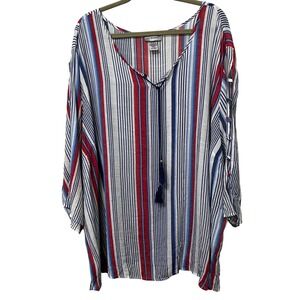 Catherines Womens Red White Blue Striped Tassel V-Neck Tunic Blouse 30/32W